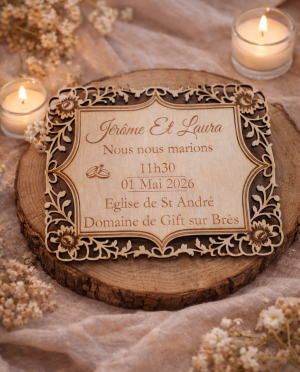 Faire-part de mariage en bois personnalisé – découpe délicate