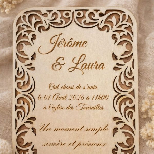 faire-part mariage en bois haut de gamme gravé et découpé