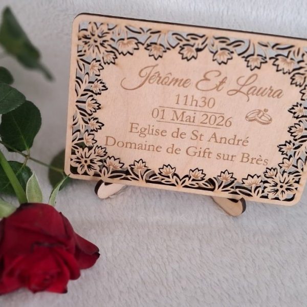 Faire-part de mariage en bois personnalisé – Modèle Jardin Élégant - En bois, à personnaliser pour un faire-part unique
