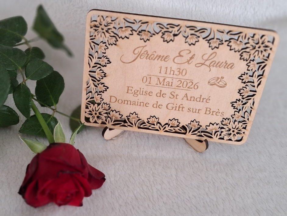 Faire-part de mariage en bois personnalisé – Modèle Jardin Élégant - En bois, à personnaliser pour un faire-part unique