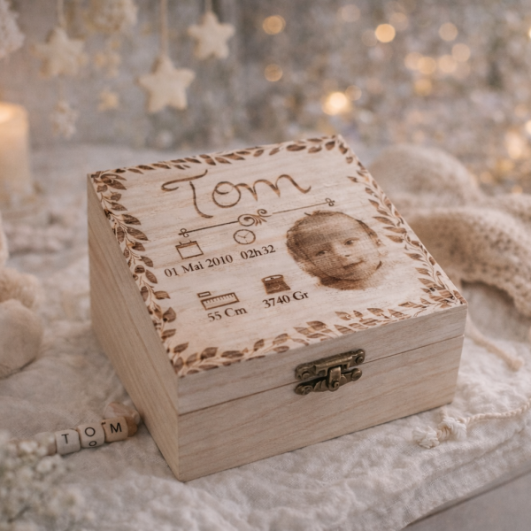 une belle boite en bois personnalisé pour votre bébé, un souvenir naissance unique et original