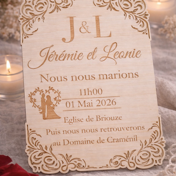 invitation mariage champêtre en bois naturel