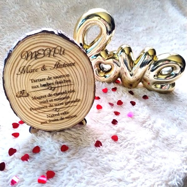 carte menu mariage en rondin de bois