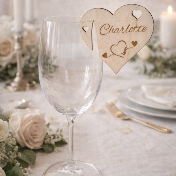 marque place mariage bois cœur personnalisé prénom , se pose aisément sur un verre
